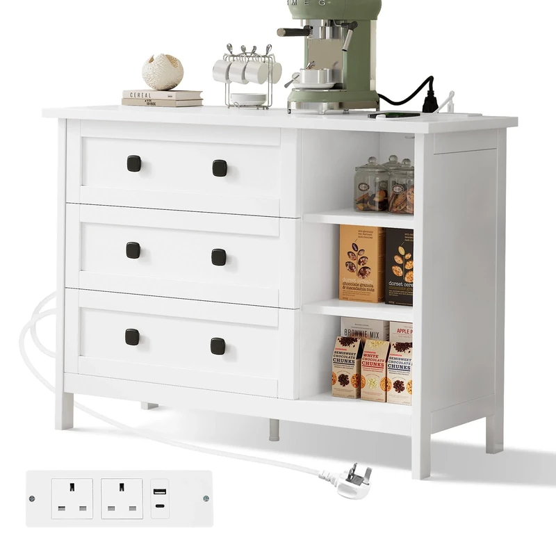 Feonase White Chest of Drawers Bedroom with Charging Station, 3 Drawer Chest of Drawers with Open Storage Unit, Modern Wooden MDF Bedroom Cabinet Furniture, 90x68x36cm