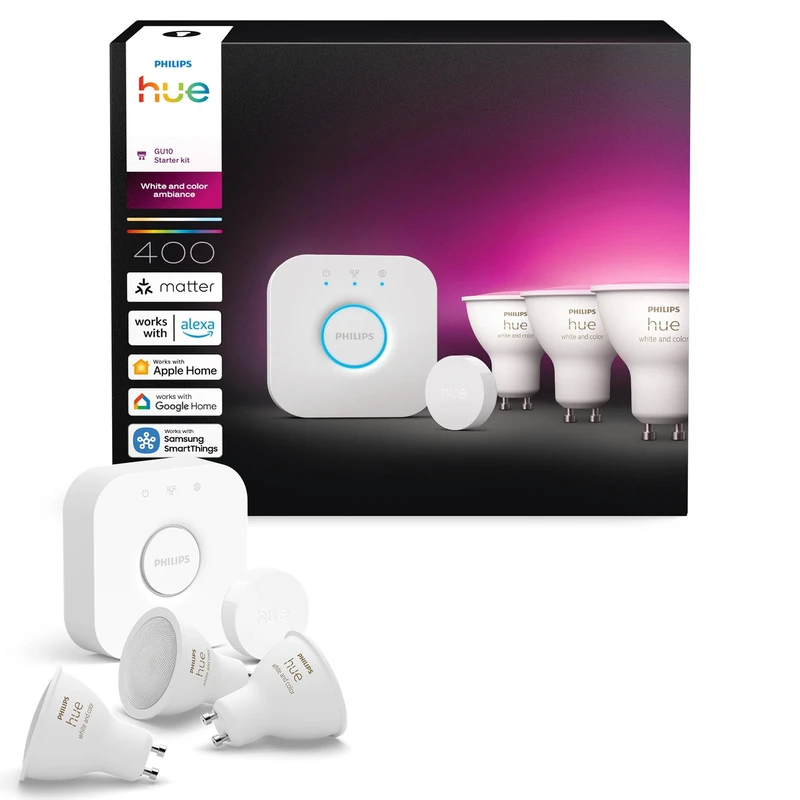 Philips Hue Starter Kit: Bridge + 3 GU10 Smart Spotlights + Smart Button, White and Color Ambiance, Smart Light Hub, Works with Apple Home, Amazon Alexa, Google Assistant, Samsung SmartThings