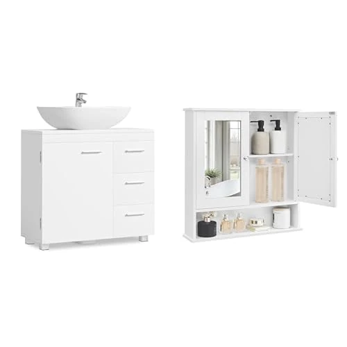 VASAGLE Under Sink Bathroom Cabinet with 3 Drawers + Mirror Cabinets Wall-Mounted with 2 Mirrored Doors and Open Compartment, White Adjustable Shelf Storage Cabinets
