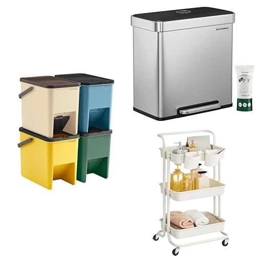 SONGMICS Recycling Bins for Kitchen, Set of 4 Stackable Trash Bins, 20L Each Kitchen Bin, 2 x 30L Stainless Steel Pedal Rubbish Bin with 15 Trash Bags