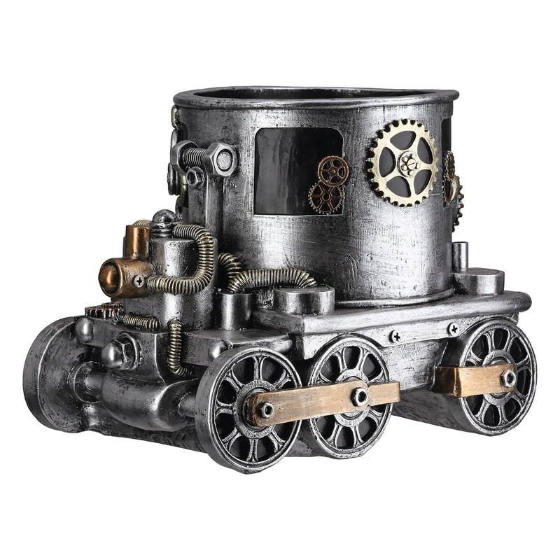 GILDE Steampunk Engine Planter - Locomotive - Resin - Gears Motif - Antique Finish - Silver - Height 20 cm x Width 26 cm - Image 1