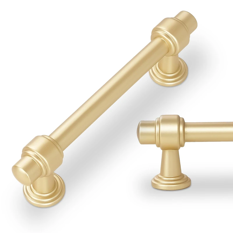 POVEFONK 10 Pack Brushed Gold Cabinet Pulls 3-3/4 Inch(96mm) Hole Center Drawer Pulls Cabinet Hardware Kitchen Cabinet Handles for Bathroom Dresser Pulls