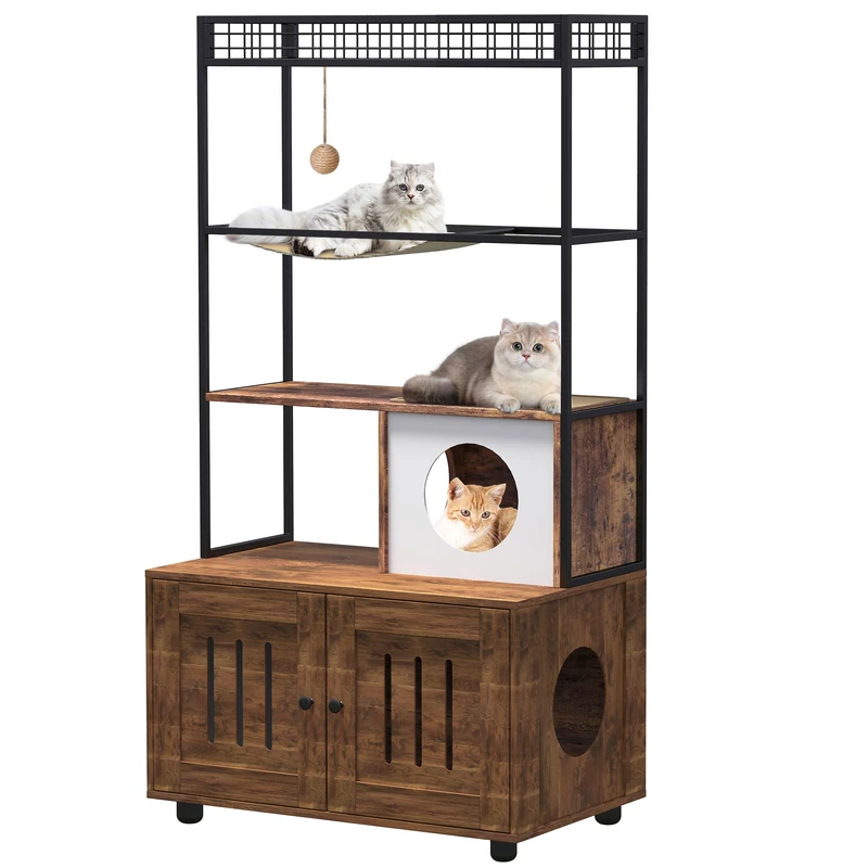 Cat Litter Box 80 x 48 x 152 cm Large Cat Tree Metal Frame Wooden Cabinet with Storage Compartment Cave Hammock and Play Ball Cat Litter Tray Cabinet with Double Door Cat Entrance - Image 1