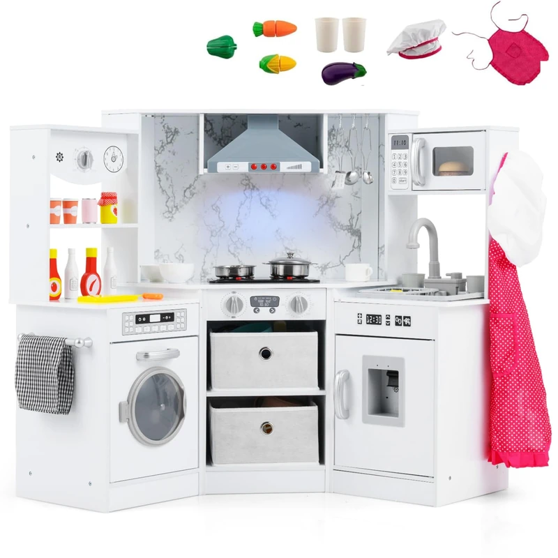 GYMAX Kids Corner Kitchen, Wooden Toy Kitchen (White)