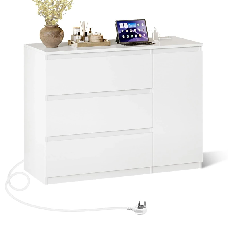Feonase White Chest of Drawers Bedroom With Charging Station, 3 Drawer Chest of Drawers with Adjustable 2 Shelf & Magnetic Door, 90x 68x36cm, Modern MDF Bedroom Cabinet Furniture