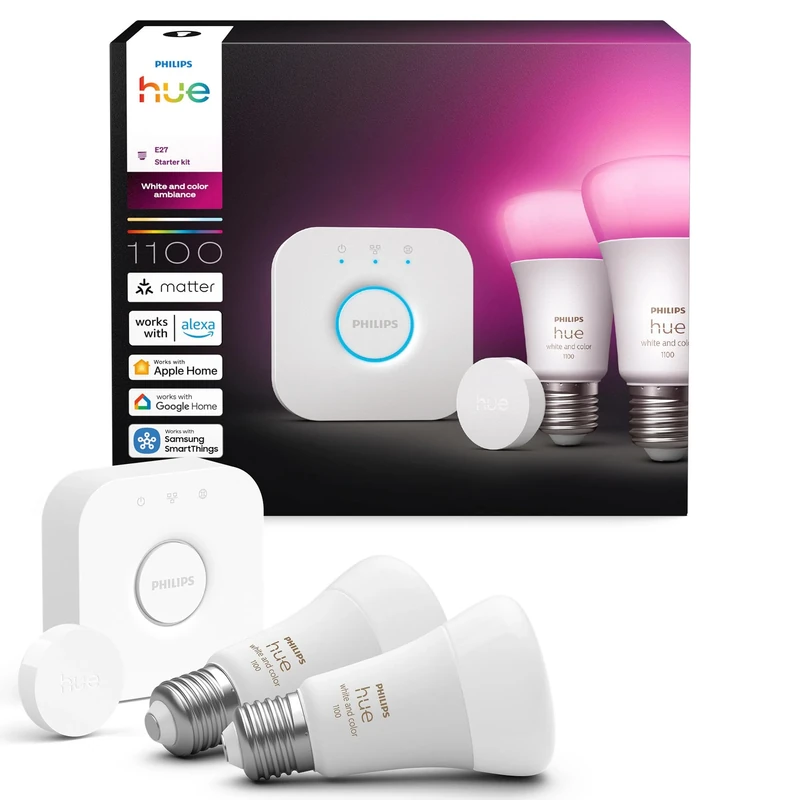 Philips Hue Starter Kit: Bridge + 3 E27 Smart Spotlights + Smart Button, White and Color Ambiance, Smart Light Hub, Works with Apple Home, Amazon Alexa, Google Assistant, Samsung SmartThings