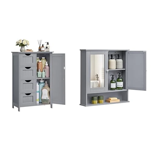 VASAGLE Bathroom Floor Storage Cabinets Freestanding + Mirror Cabinets Wall-Mounted with 2 Mirrored Doors and Open Compartment, Grey Adjustable Shelf Storage