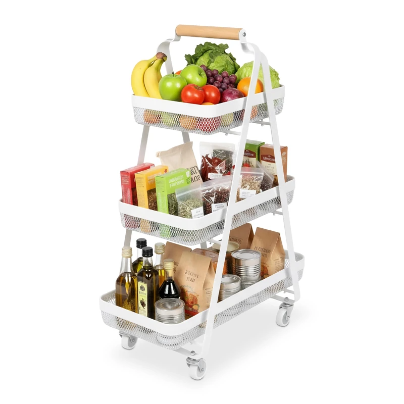 Relaxdays utility cart, 3 tiers, metal, wood handle, HxWxD: 84.5 x 57 x 31 cm, 4 wheels, kitchen, bathroom, white