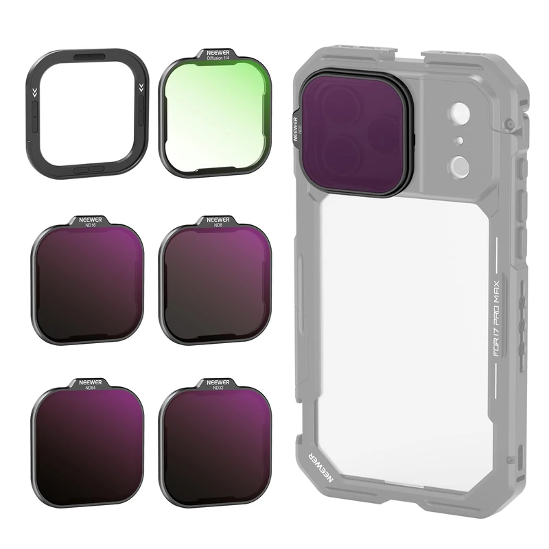 NEEWER ND Filter Set for PA143/PA144 Phone Cage Only, Neutral Density ND8/16/32/64 + Black Diffusion 1/4 + Magnetic Backplate, Filter Accessories Kit Compatible with iPhone 17 Pro/17 Pro Max, Black