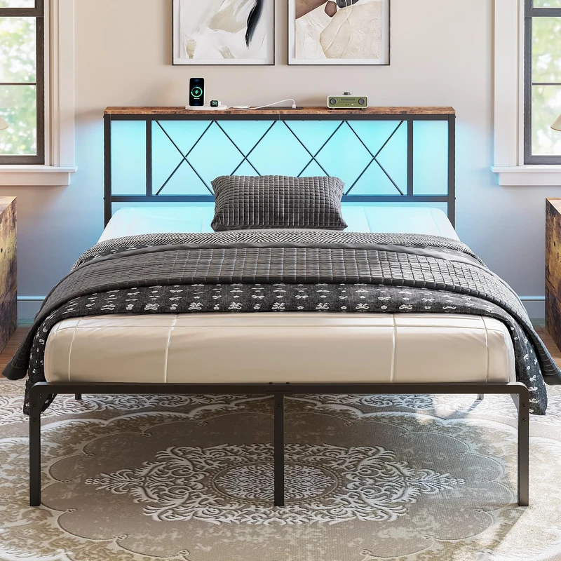 IRONCK Double Bed Frame, Headboard with Charging Station/LED Lights, 4ft6 Metal Bed Frame with Storage, Solid and Stable, Noise Free, No Box Spring Required, Easy Assembly