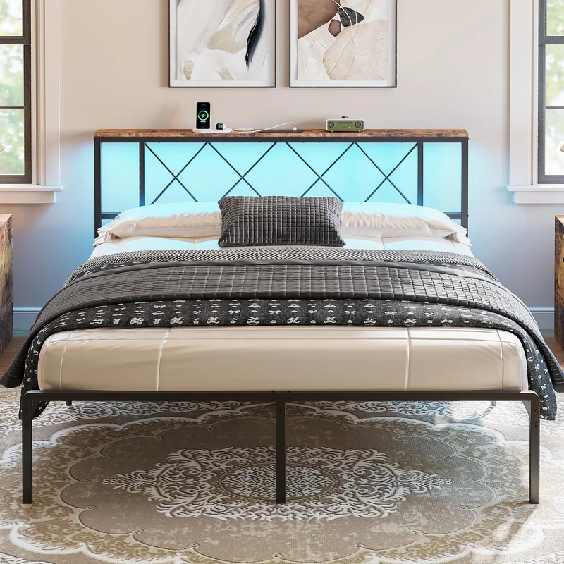 IRONCK King Size Bed Frame, Headboard with Charging Station/LED Lights, 5ft Metal Bed Frame with Storage, Solid and Stable, Noise Free, No Box Spring Required, Easy Assembly