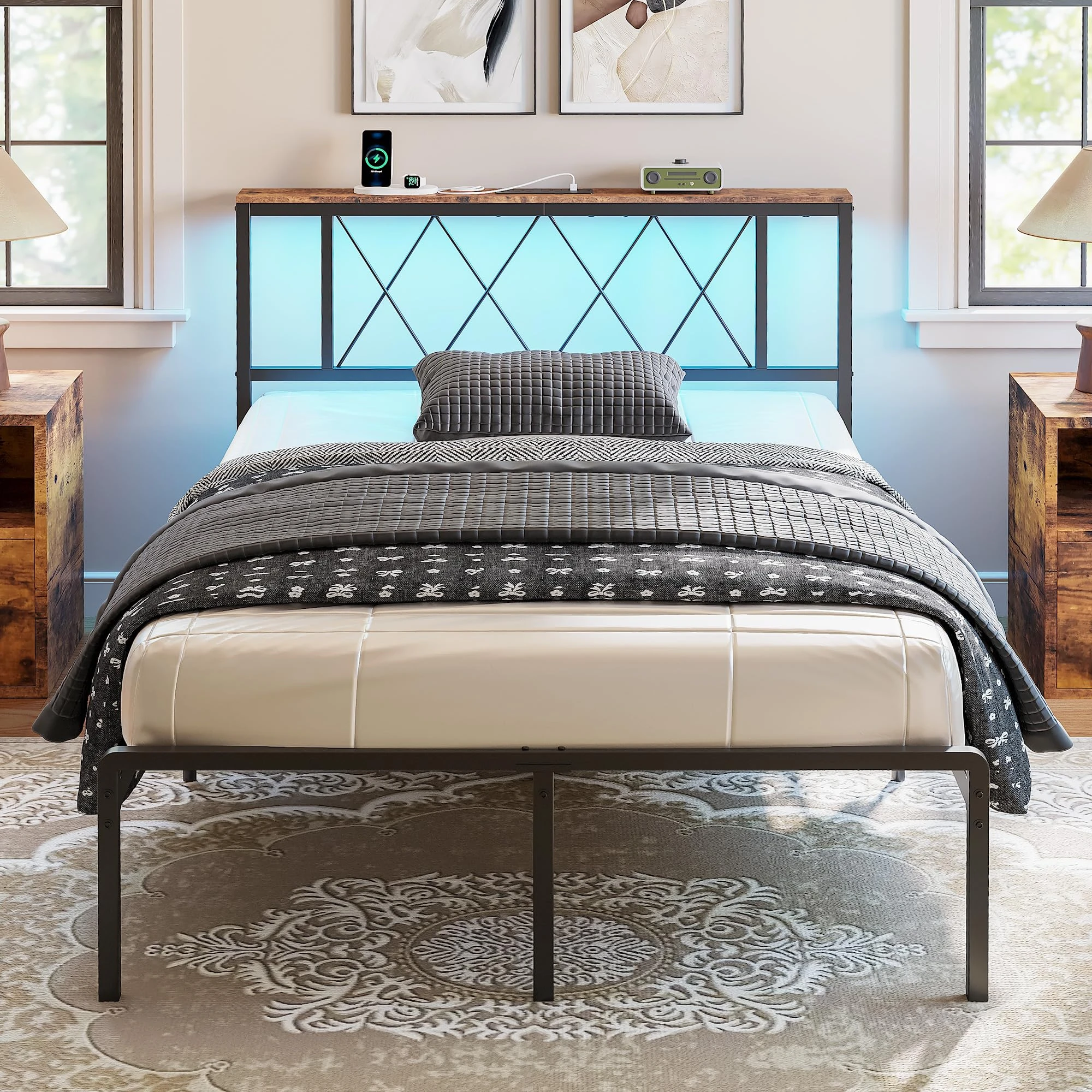 IRONCK Small Double Bed Frame, Headboard with Charging Station/LED Lights, 4ft Metal Bed Frame with Storage, Solid and Stable, Noise Free, No Box Spring Required, Easy Assembly