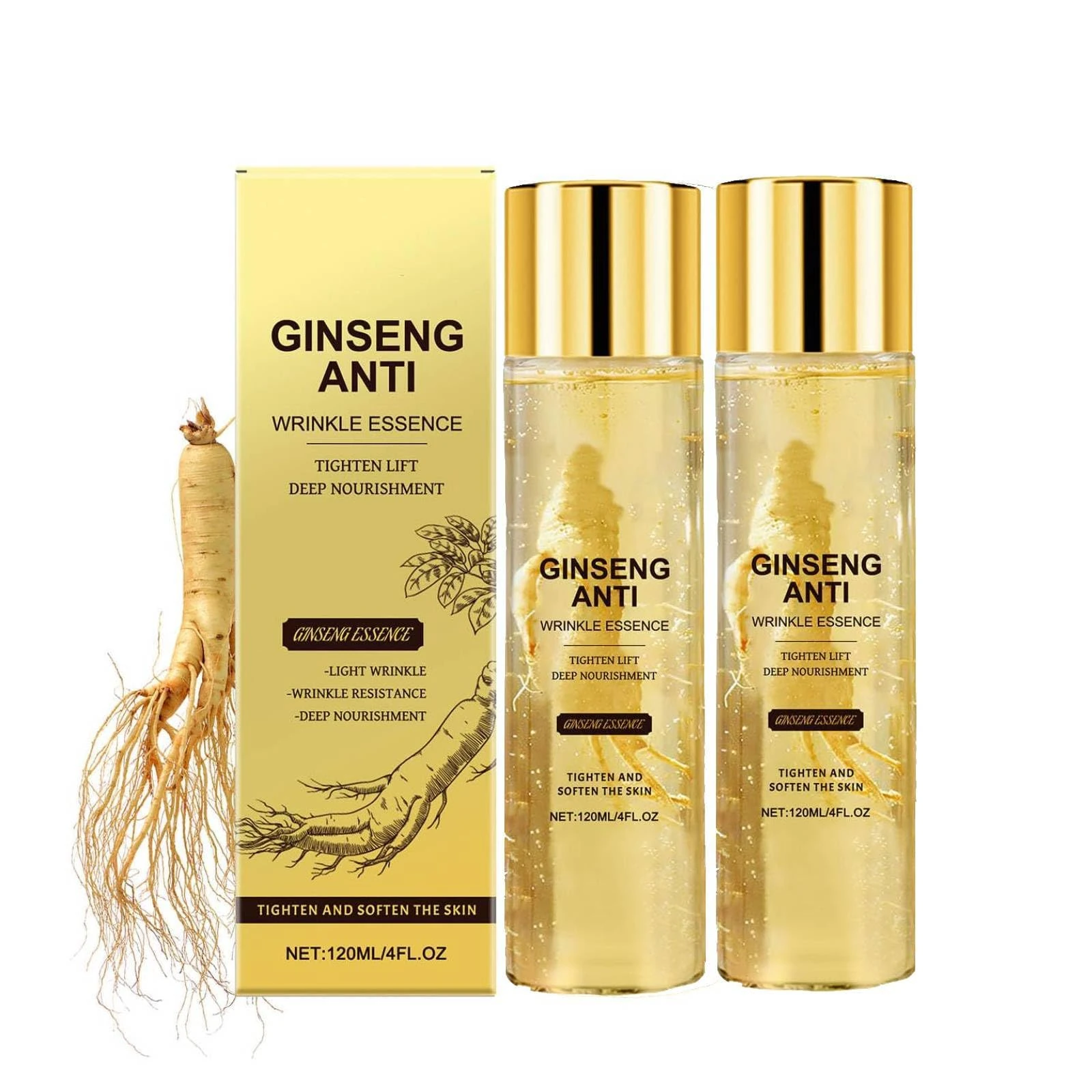 Ginseng Anti-Wrinkle Essence Serum, Instant Wrinkle Remover, Firming and Lifting Face Serum for Sagging Skin, Anti Aging Essence for Fine Lines, Wrinkles and Mature Skin, Korean Skincare (120ml, 2PC)