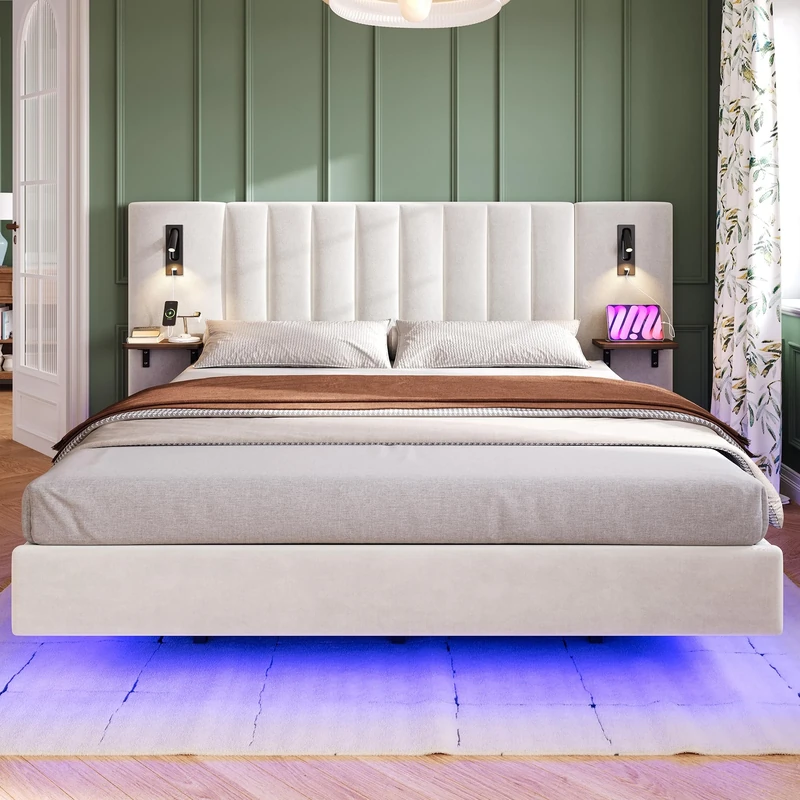Ball & Cast Upholstered bed, Adults teenagers King bed 150x200cm, 2 bedside lamps, Headboard storage function, With charging socket, With light strip under the bed,Soft headboard, Velvet+Iron, White