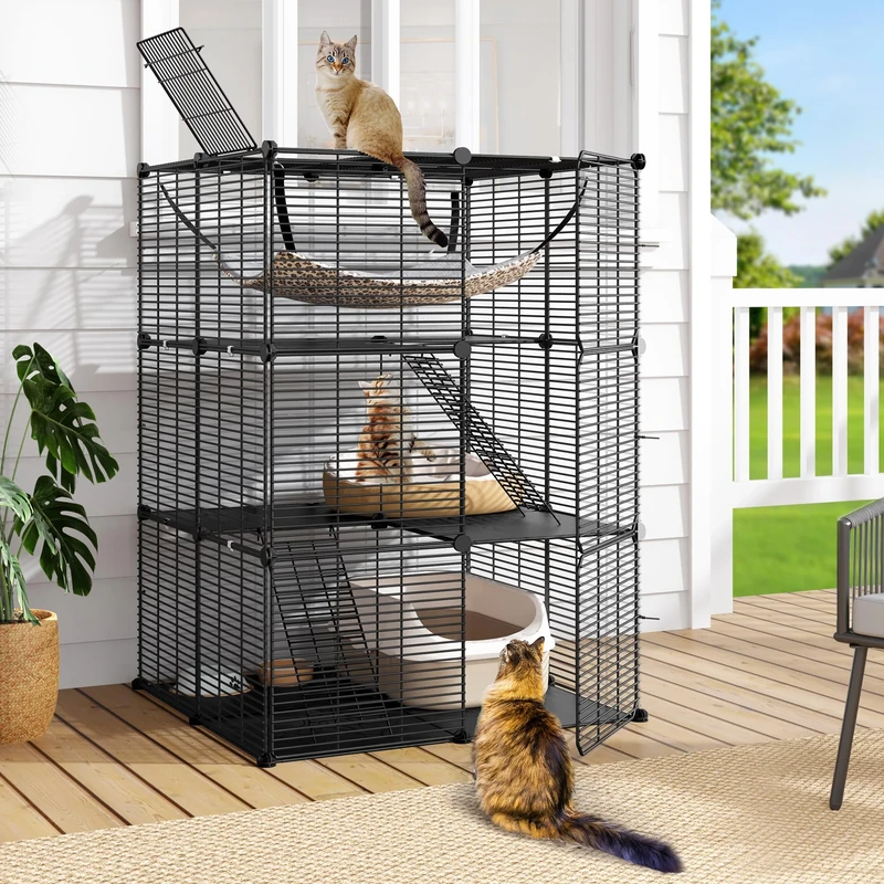 DWVO Cat Cage 3-Tiers DIY Cat Playpen with Metal Wire Dense, 71x71x104 cm Indoor Pet Enclosures with Extra Large Hammock for 1-2 Ferret, Chinchilla, Rabbit, Small Animals, Black