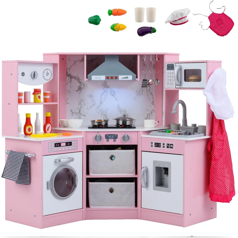 GYMAX Kids Corner Kitchen, Wooden Toy Kitchen (Pink+White)