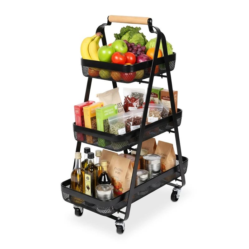 Relaxdays utility cart, 3 tiers, metal, wooden handle, HxWxD: 84.5 x 57 x 31 cm, 4 wheels, kitchen, bathroom, black