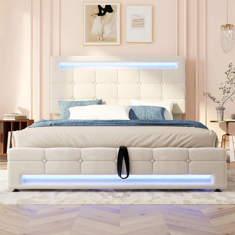 Ball & Cast Upholstered bed, hydraulic bed, adults teenagers 4ft6 double bed 135x190cm, square embellishment, with 7colors LED-light strips, Velvet+Iron, Beige