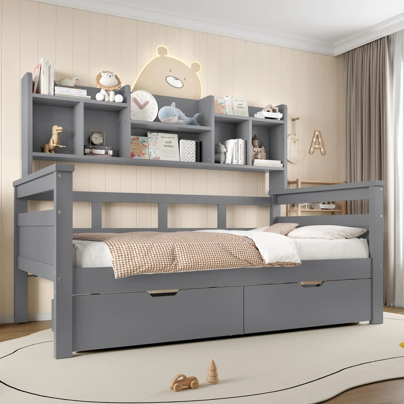 Ball & Cast 3ft Single Beds for Kids with Two Storage Drawers and Bookcase headboard, Wooden Bed Frame with Storage and Guardrail, Space-Saving Design for Bedroom, Grey (No Mattress)