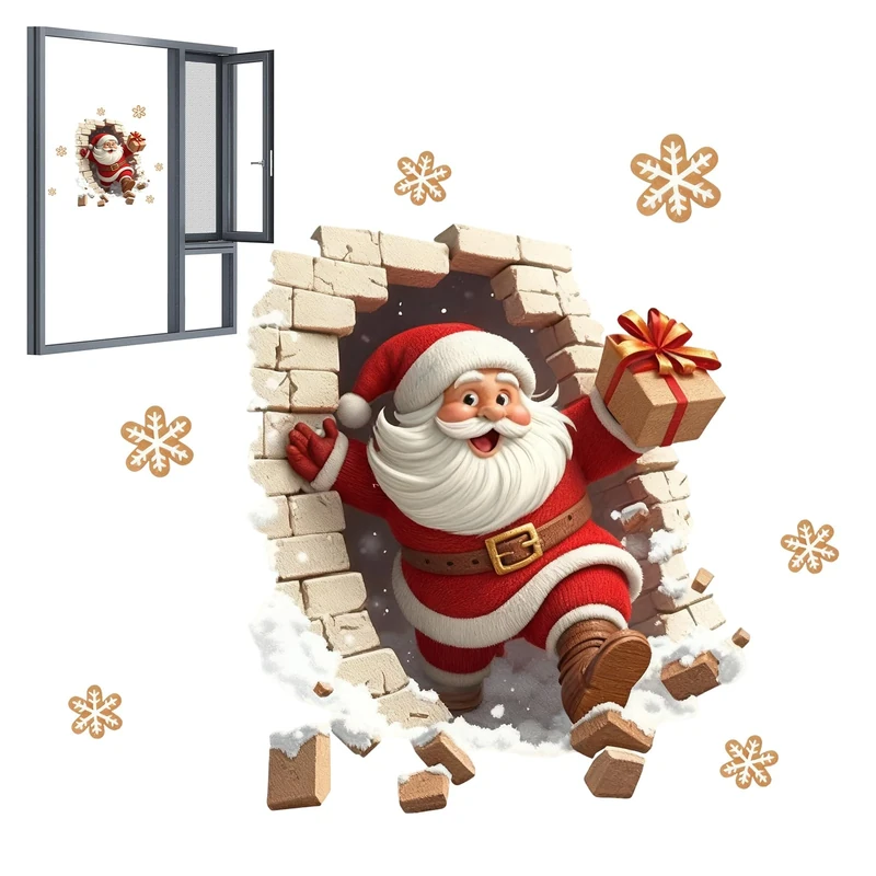 Wall Sticker Christmas Self-Adhesive Wall Sticker with 3D Santa Breaking Through the Wall Effect, Christmas Toilet Sticker Decoration for Christmas Party Kitchen Living Room Bathroom