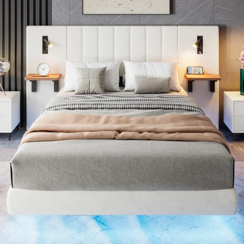 Ball & Cast Upholstered bed, Adults teenagers 4ft6 double bed 135x190cm, 2 bedside lamps, Headboard storage function, With charging socket, With light strip under the bed,Velvet+Iron, White