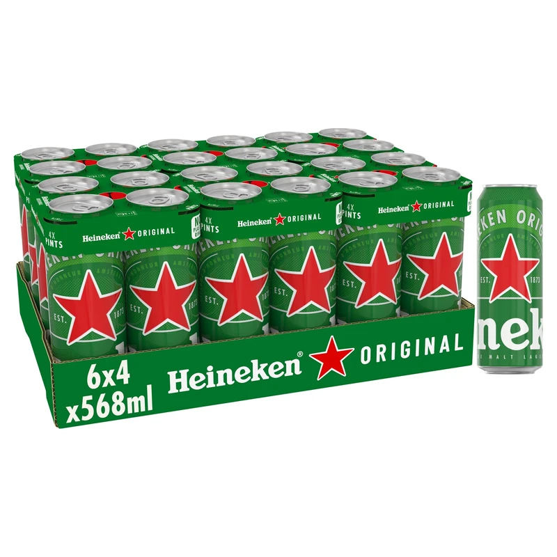Heineken Lager, Premium Continental Lager, 5,0 percent ABV, 1 pack, 6 x (4 x 568ml), Pint Cans, Beer of Choice for Sporting Events, Enjoy Good Times with Heineken, A Light and Refreshing Beer