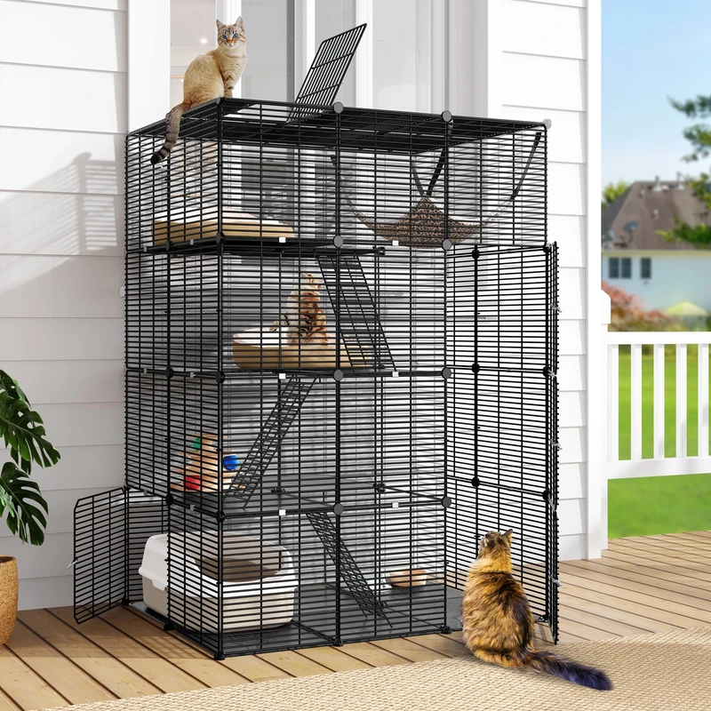 DWVO 4 Tier Large Cats Cage Indoor with Hammock, 4 Doors, 3 Ladders, Outdoor Kitty Enclosure Catio Metal Wire Dense Kennels for 1-3 Kitty, Small Animal DIY Detachable Pet Playpen, 104x72x140 cm
