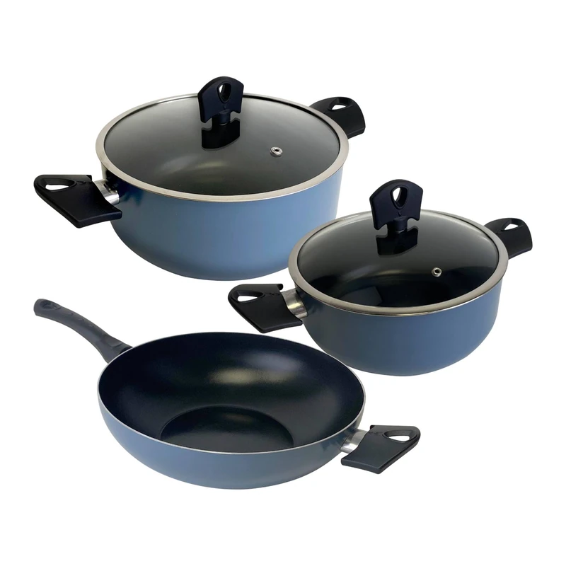 Set of 2 Saucepans Ø20Ø24cm with Lid + Wok Ø30cm Pressed Aluminium Colour Blue NOIA San Ignacio