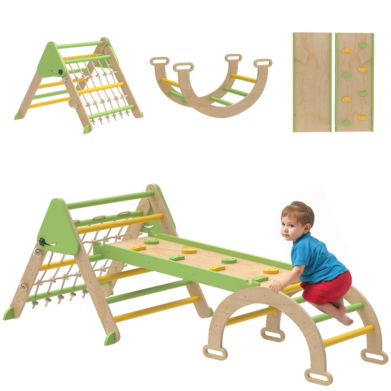 AIYAPLAY 8 in 1 Children's Climbing Triangle with Double-Sided Ramp, Poplar Wood Climbing Bow with Slide & Ladder, 50 kg Load for Sliding or Climbing for Babies from 18 to 48 Months, Green
