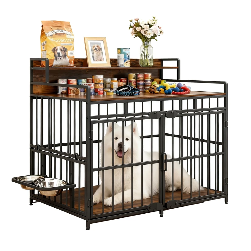 Feonase Large Dog Crate with Storage,Large Dog Crate Furniture with 360° & Adjustable Raised Feeder, Heavy Duty Dog Crate Large Steel & Waterproof,38 inches/Brown