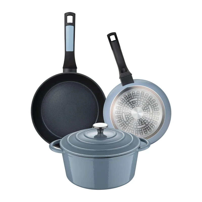 Set of 2 Frying Pans Ø20Ø26cm Pressed Aluminium + Saucepan with Lid Ø25.5 x 12 cm (5L) in Cast Iron Colour Blue NOIA San Ignacio