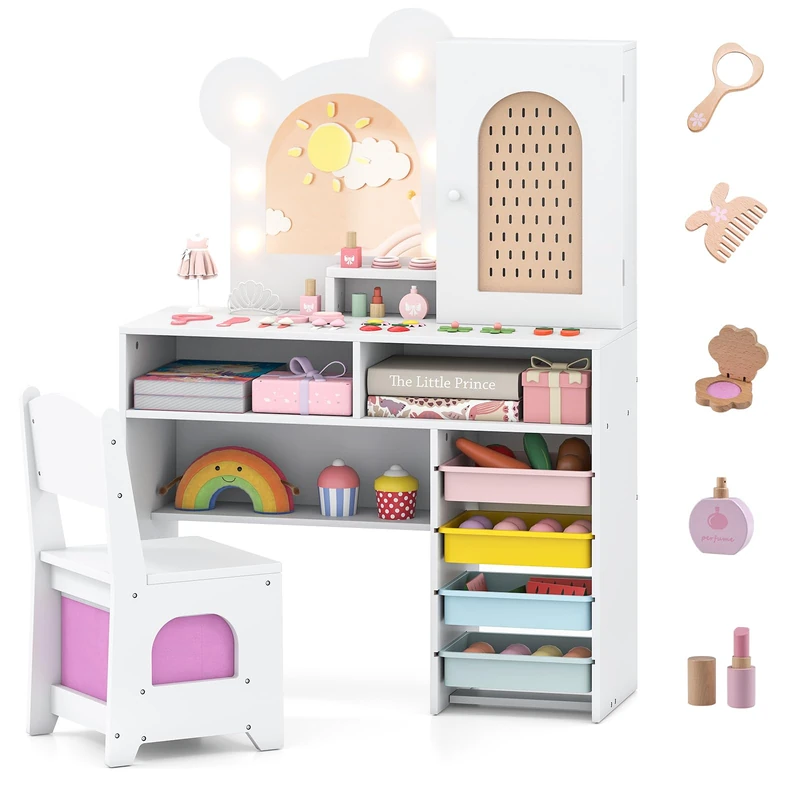 GYMAX Kids Vanity Table and Chair with 3-Color LED Lights Mirror (White) - Image 1