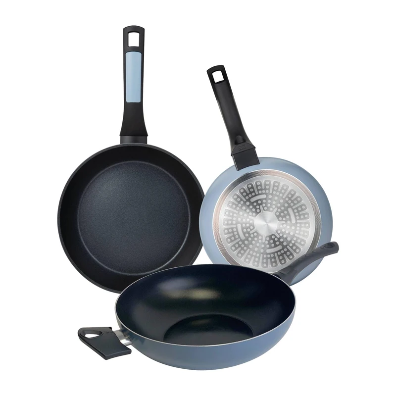 Set of 2 Frying Pans Ø20Ø26cm + Wok Ø30cm in Pressed Aluminium Colour Blue NOIA San Ignacio