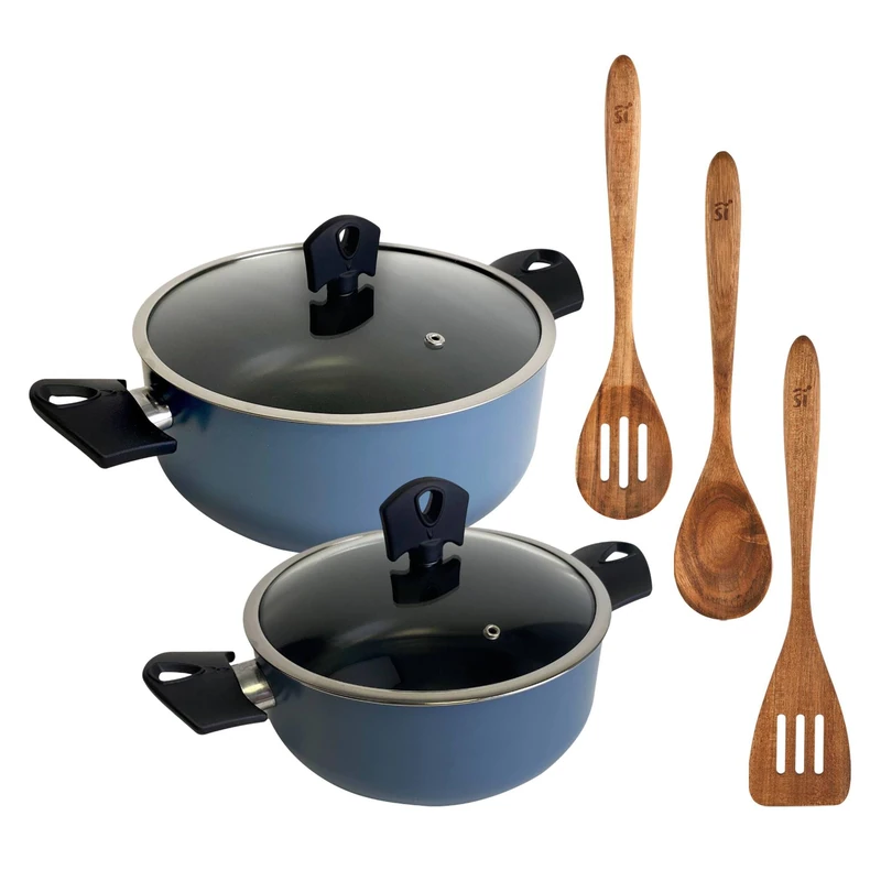 Set of 2 saucepans Ø20Ø24cm with lid in Pressed Aluminium Colour Blue + Set of 3 Wooden Utensils NOIA San Ignacio - Image 1