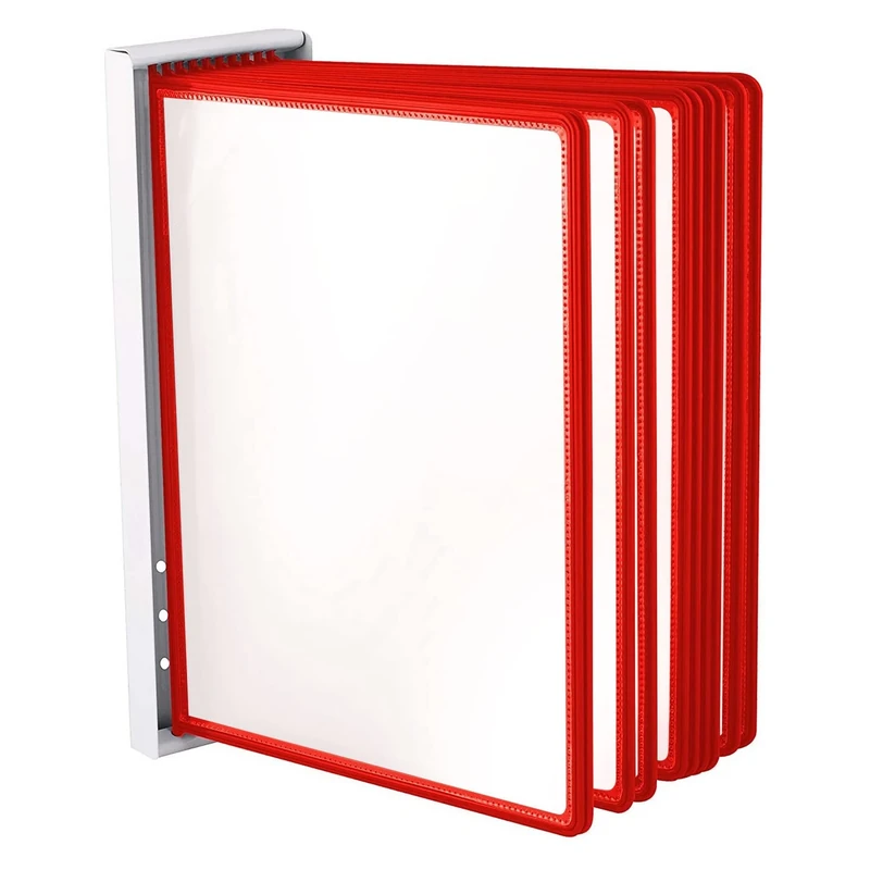 LEVIATAN Wall Display Panel System A4 – 10 Durable Presentation Panels with Metal Wall Mount – Space-Saving Document Display for Office, Warehouse & Production – Red