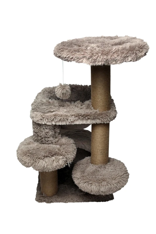 MULTI LEVEL BED & HOUSE CAT SCRATCHER LONG PLUSH BEIGE