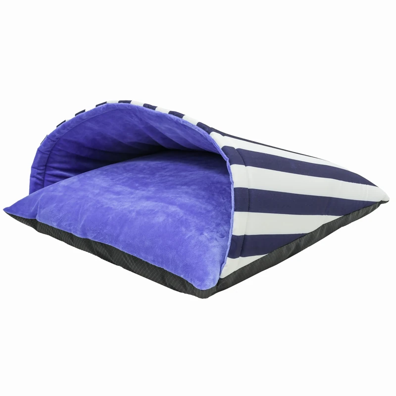 Rosewood Blue & White Stripe Burrow Dog Bed – Cosy Cave for Small to Medium Dogs and Puppies, Ultra Soft Plush Cushion Mattress with Blanket Canopy, Washable, Non-Slip Base, 70 x 70 x 35cm