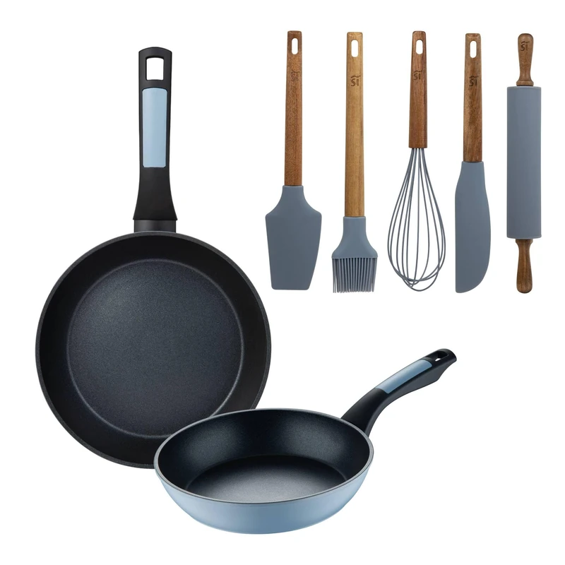 Set of 2 Frying Pans Ø20Ø26cm Pressed Aluminium Blue + Set of 5 Silicone and Wood Utensils NOIA San Ignacio