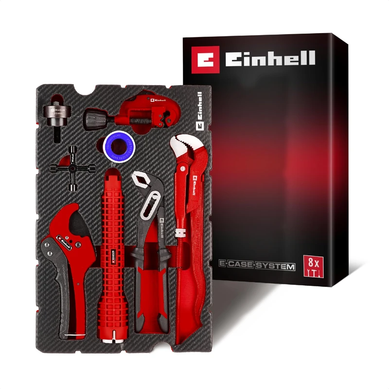 Original Einhell Pad Plumbing 8 pcs (Pipe Cutter, Basin Wrench, Pliers, Sheet Punch, Cabinet Key, Insulation Tape, E-Case System)