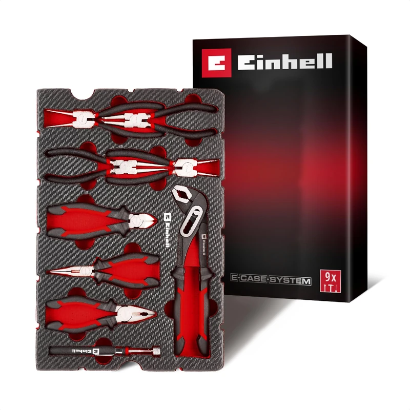 Original Einhell Pad Pliers Set 9 pcs (Snap Ring-, Water Pump-, Combination-, Long Nose Pliers, Side Cutter, Telescopic Magnet, E-Case System)