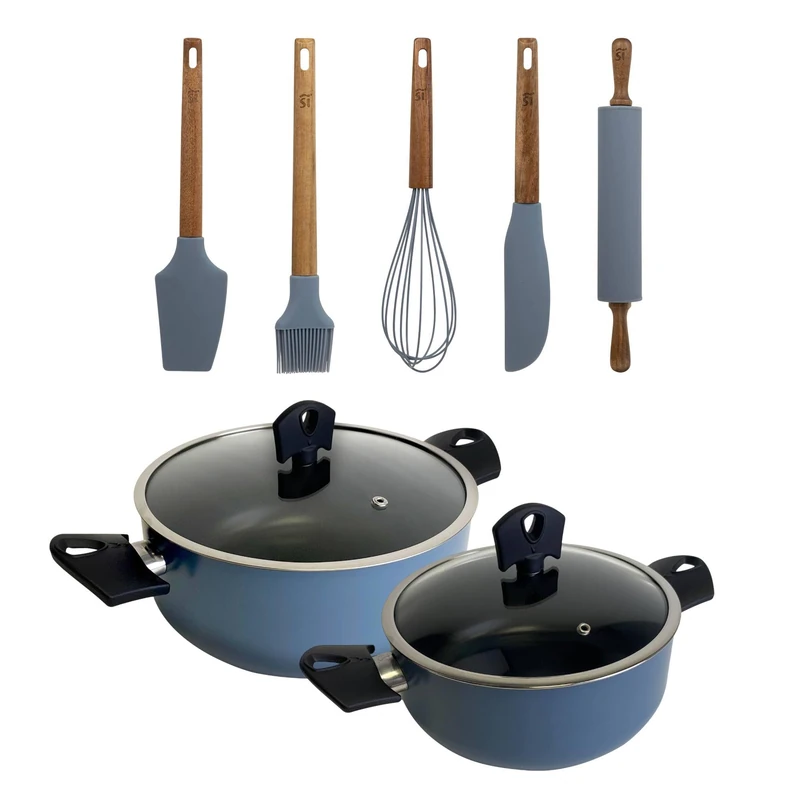 Set of 2 saucepans Ø20Ø24cm with lid in Pressed Aluminium Colour Blue + Set of 5 Silicone and Wooden Utensils NOIA San Ignacio