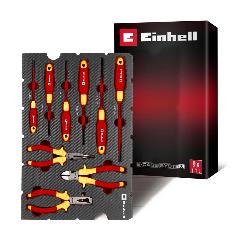 Original Einhell VDE Pad Electrician Tools 9 pcs (Insulated Tools, Screwdriver Set, Side Cutter, Wire Stripper, Long Nose Pliers, E-Case System)