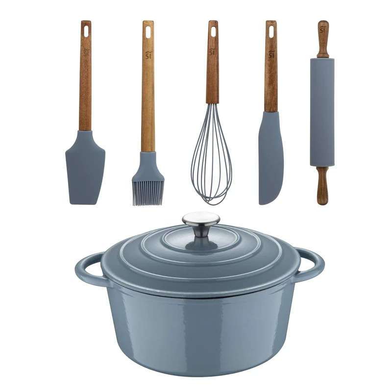 Casserole Dish with Lid Ø25.5 x 12 cm (5L) in Cast Iron + Set of 5 Silicone and Wood Utensils NOIA San Ignacio