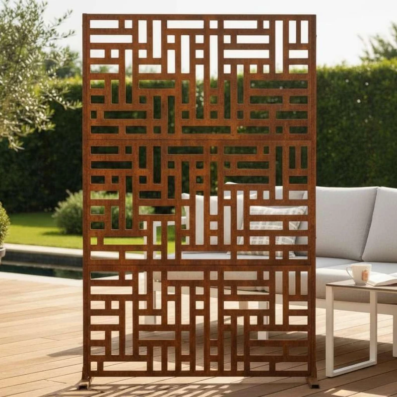 Nicoman Outdoor Privacy Screen Panel, Decorative Metal Garden Divider, Geometric Pattern, Freestanding Room Partition for Patio, Deck, Backyard (Rust - Maze, 180 x 90 cm)