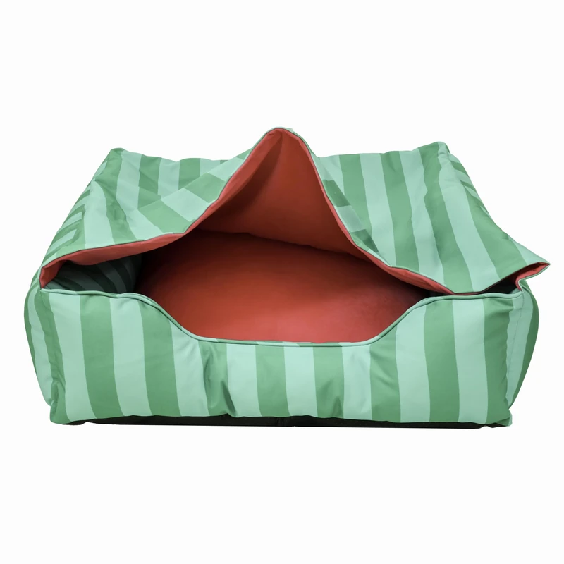Rosewood Green & Pink Stripe Burrow Dog Bed – Cosy Cave for Small to Medium Dogs and Puppies, Ultra Soft Plush Cushion Mattress with Blanket Canopy, Washable, Non-Slip Base, 70 x 70 x 20cm