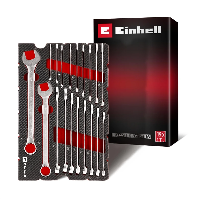 Original Einhell Pad Combination Wrench Set 19 pcs (12-Point Profile, Chrome Vanadium Steel, Satin Finish, 6–27 mm, EVA Insert, E-Case System)