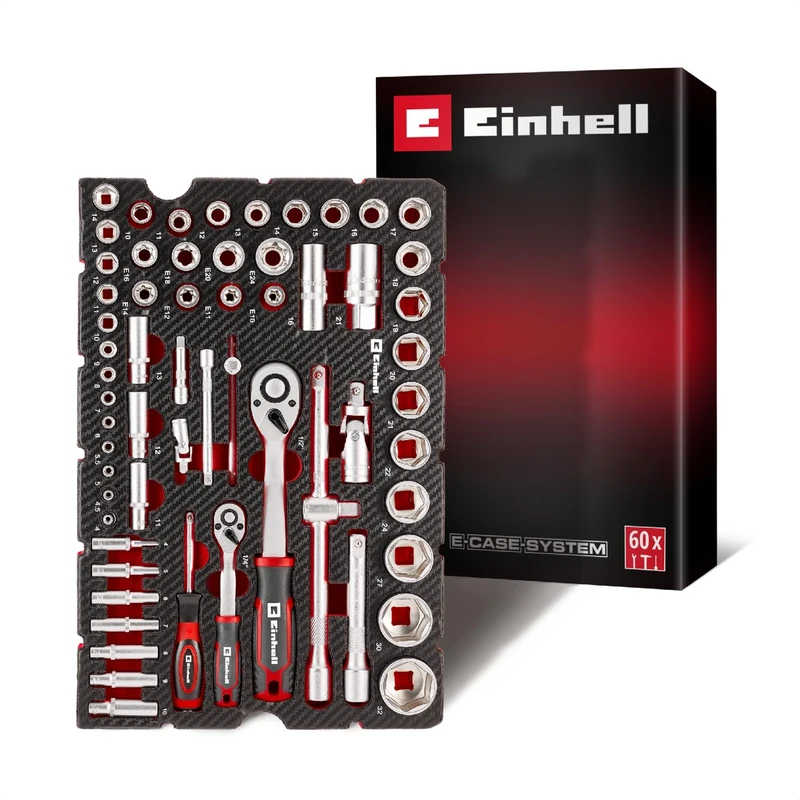 Original Einhell Pad Socket Wrench and Ratchet Set 60 pcs (Reversible Ratchets, Spark Plug Sockets, Hex Sockets, E-Profile, Tight Space Accessories, E-Case System)