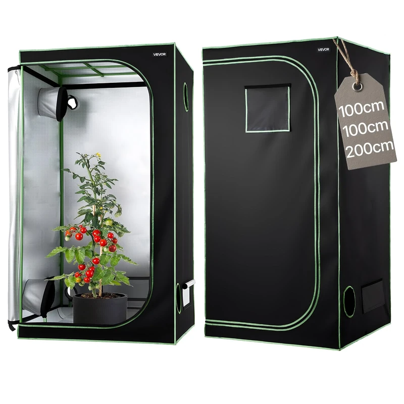 VEVOR Indoor Grow Tent, 100 x 100 x 200 cm, 600D High Reflective Mylar, Indoor Plant Tent with Observation Window, Floor Tray & Zipper, Heavy Duty Growing Tents for Fruit Flower Veggie
