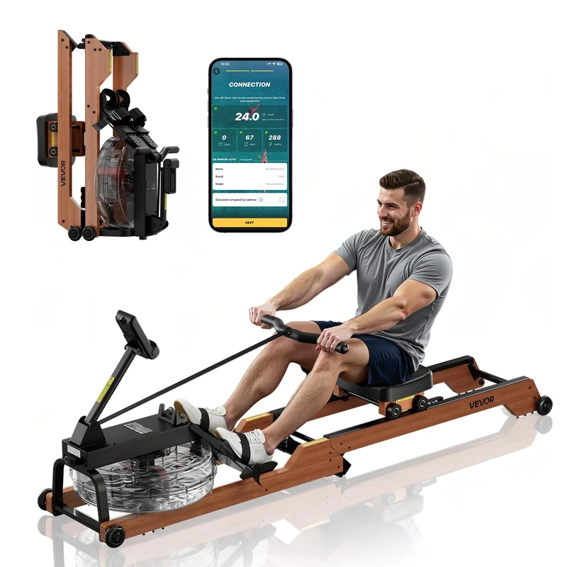 VEVOR Water Rowing Machine, 6-Level Quiet Resistance, Wooden Foldable Rower Machine with 14L Water Tank & LCD Monitor, Bluetooth App Compatible, 158kg Weight Capacity, Immersive Row Machines for Home