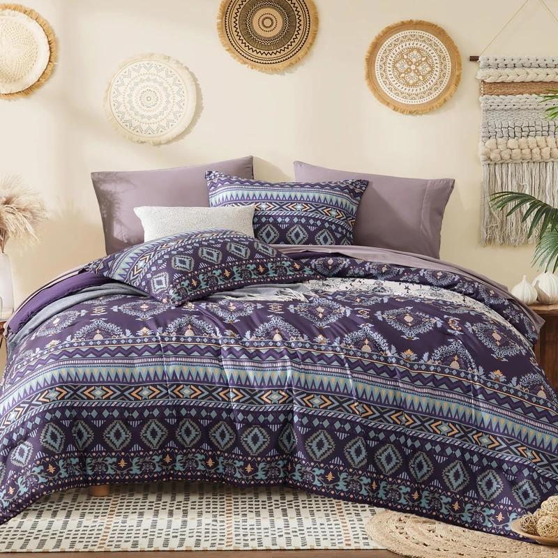 Queen Comforter Set - 7 Pieces Boho Bedding Set Aztec Bed in A Bag